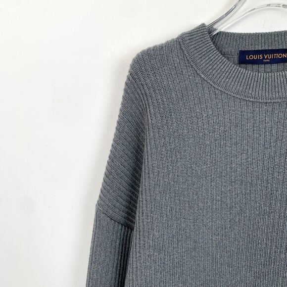 Louis Vuitton Gray Wool Ribbed Sweater With Black Elbow Patch & Back Logo Mens - Picture 3 of 7